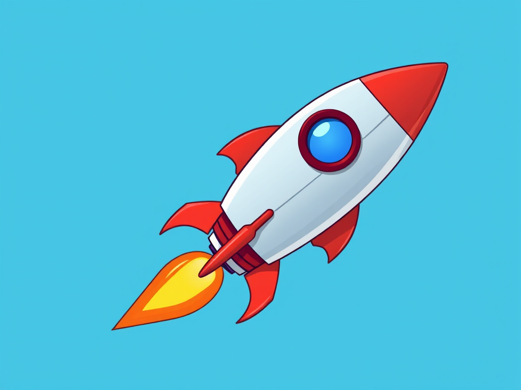 Create a detailed illustration of a cartoon rocket with a sleek design featuring a red tip and red fins, set against a bright blue background, shot with a DSLR camera at f/2.8, ISO 100, at a 50mm focal length, with a slight tilt-shift effect for enhanced focus.