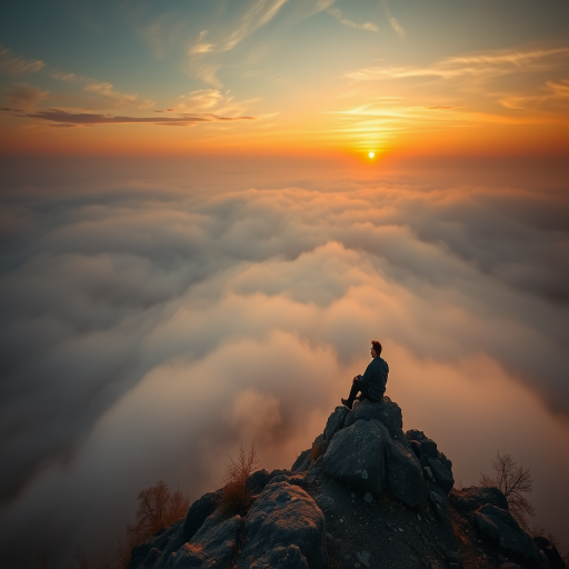 captured at sunrise over a foggy landscape with a person sitting on a rocky outcrop, Canon EOS R5, 24mm lens, f/8, ISO 100, 1/200s, HDR style, warm color tones, high dynamic range to enhance image quality