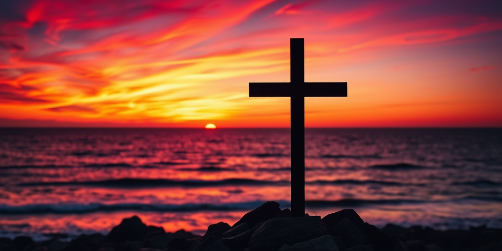 Cross silhouetted against a vibrant sunset over the ocean, rocky shoreline in the foreground, captured with a Canon EOS R5, 50mm lens, f/2.8 aperture, ISO 100, at sunset with warm lighting and high dynamic range.