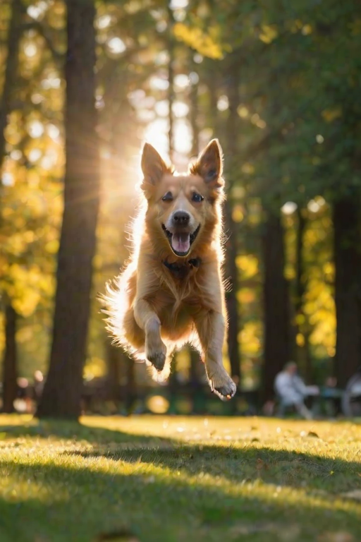 Blurry action shot of a dog leaping to catch a frisbee in a park, its body mid-air, with soft golden sunlight filtering through the trees and a family picnic blanket barely visible in the background.