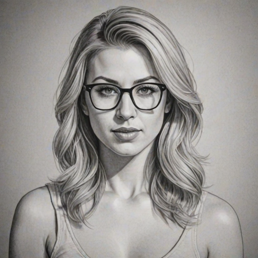 Ravishing Iliza Shlesinger, pencil sketch, portrait of Radiant woman 1969s in glasses, hair style beatnik, outline, clear lines, fine lines, 8k