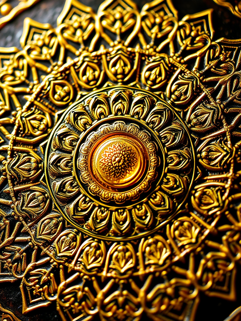 Create a highly detailed mandala design with intricate gold patterns surrounding a luminous circular center, using a macro lens at f/2.8, ISO 100, 1/125s shutter speed, with natural lighting from a soft light source to enhance texture and color vibrancy.