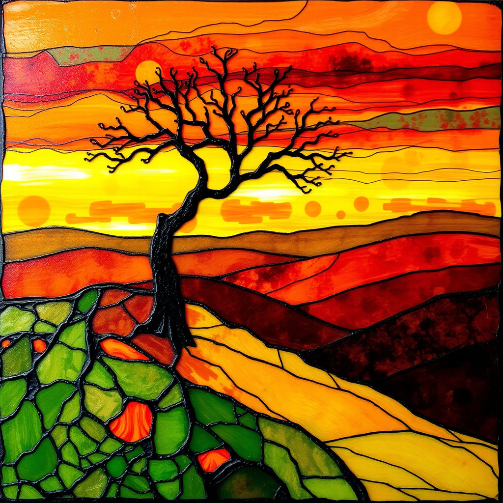 A vibrant abstract painting on Tiffany Glass, blending acrylic and alcohol ink techniques, captures a dramatic sunset over rolling hills. The artwork features a textured, rocky foreground in green and brown, layered abstract hills, and a striking sunset in rich oranges, yellows, and reds. A solitary black tree with intricate branches contrasts against the fiery sky, creating a dynamic and expressive portrayal of a breathtaking natural scene.