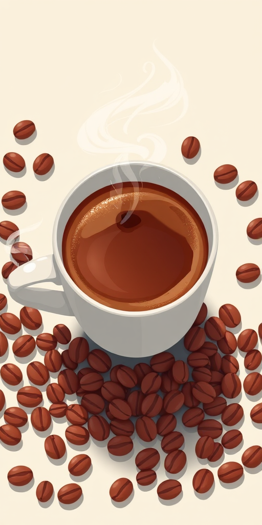 Generate a high-resolution illustration of a coffee cup with steaming coffee, surrounded by coffee beans, in a flat design style; camera settings: f/8, ISO 100, 1/125s; camera view: top-down angle; camera style: vibrant colors; camera type: digital illustration.