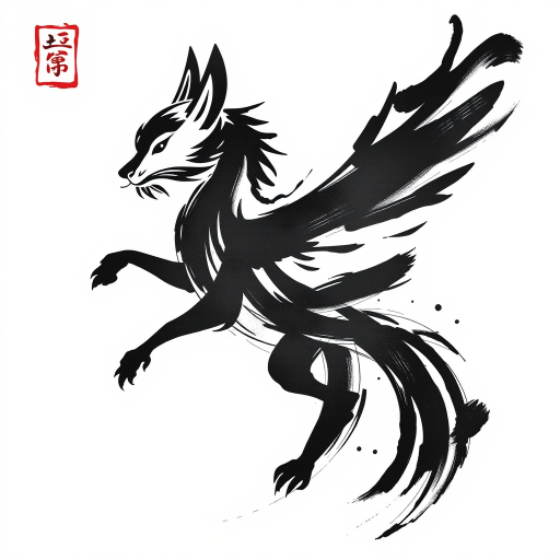 Brushstroke style tattoo, "Zen Calligraphy," featuring bold, expressive black ink strokes reminiscent of traditional East Asian calligraphy, creating an abstract representation of animals, nature, or symbols with a sense of movement and flow