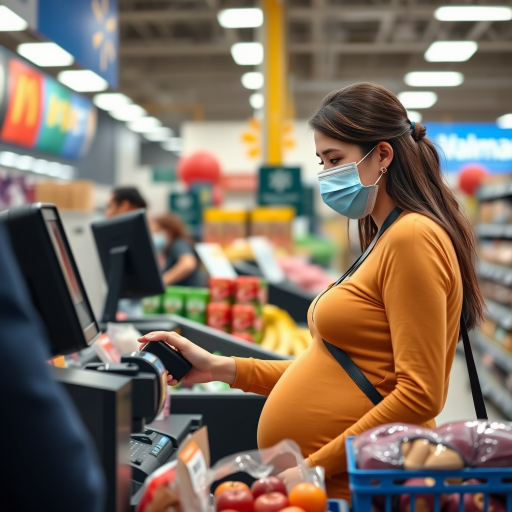 young pregnant woman as a walmart cashier ringing up someone's groceries she works there. shes wearing a surgical mask