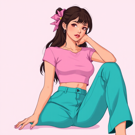 Create a high-resolution digital illustration of a stylish young woman with long hair styled with a pink hair clip, wearing a pink crop top and high-waisted teal pants, seated in a relaxed pose, using a soft focus lens, at a 50mm focal length, with bright lighting and a pastel background to enhance vibrancy.