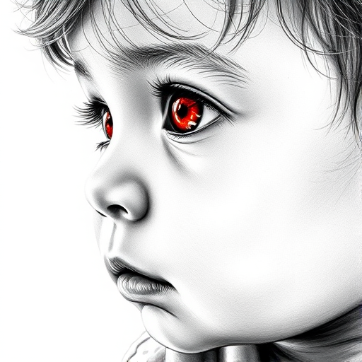A hyperdetailed photorealistic black and white sketch of a beautiful toddler with deep red eyes, with a macro focus
