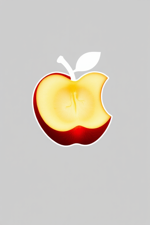 Create a high-resolution vector image of an apple core with a white outline on a transparent background, using a DSLR camera with a 50mm lens, aperture f/2.8, ISO 100, natural lighting from the side, and a macro focus for enhanced detail.