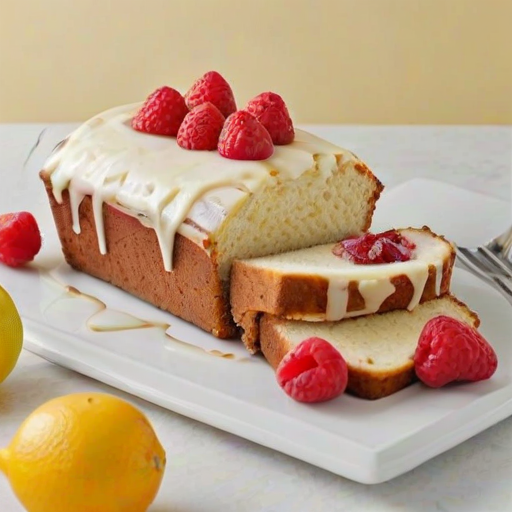 Generate an image of a sliced loaf cake displayed on a white rectangular plate. The cake should have a light yellow color with a smooth white icing on top. In the center of each slice, there should be a layer of dark red raspberry jam. Surround the plate with fresh raspberries and citrus slices, such as oranges and lemons, for a vibrant touch. The background should be a soft, neutral cloth to enhance the presentation.