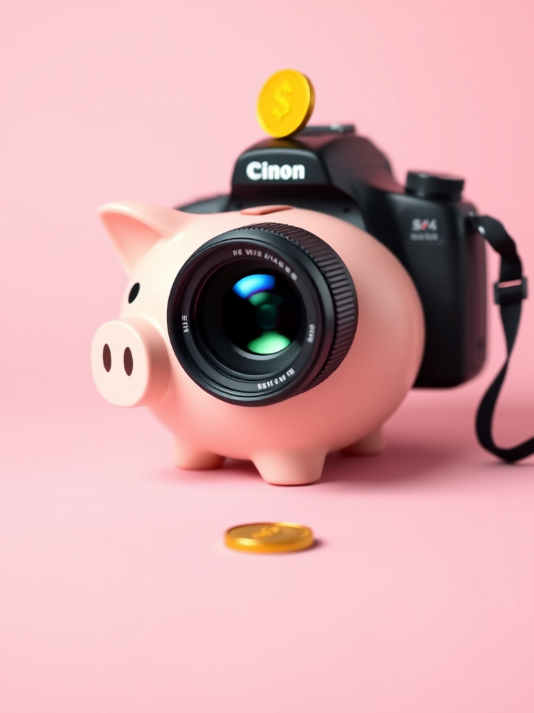 Create a simple illustration of a cartoon piggy bank on a pastel pink background, with a yellow coin placed on top, using a DSLR camera with a 50mm lens, aperture set to f/1.8 for a shallow depth of field, and lighting adjusted for soft shadows.