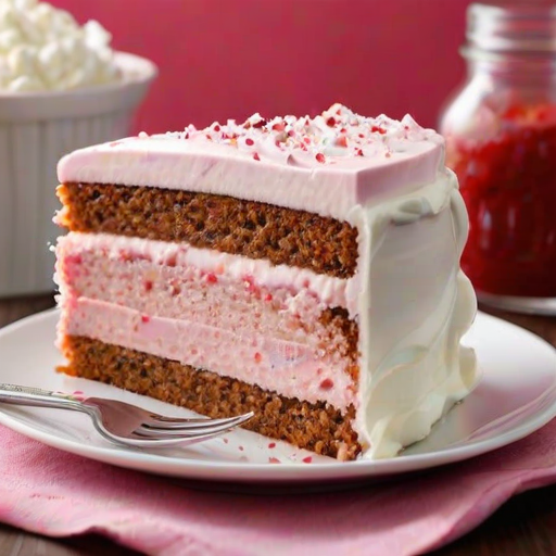 Create an image of a slice of layered cake on a white plate. The cake is decorated with pink frosting, small white whipped cream dollops, and a sprinkle of red toppings. Include a shiny spoon next to the plate. The background should be neutral and simple to emphasize the cake.