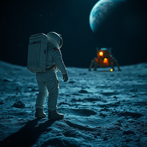 Astronaut on the moon observing spacecraft and Earth in the background, focus on textures of lunar surface, depth of field, shot with a Canon EOS R5 at f/2.8, ISO 400, 24mm wide-angle lens, night mode, high dynamic range imaging.