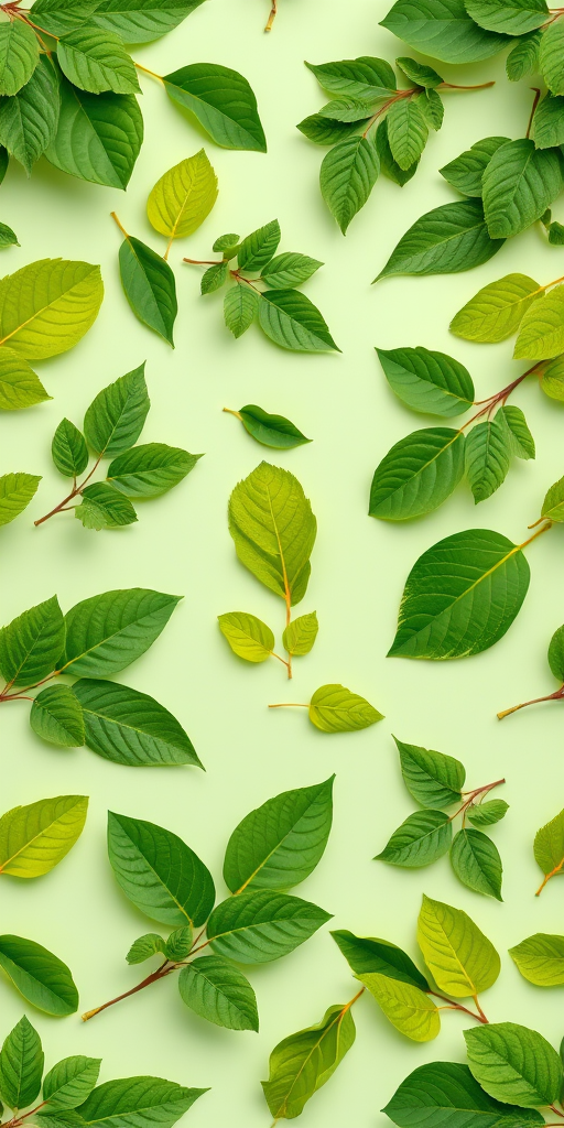Regenerate a seamless pattern design featuring various green leaves on a light green background, shot using a DSLR camera with a 50mm lens, f/2.8 aperture, 1/125 sec shutter speed, ISO 100, top-down view, natural lighting, high resolution.