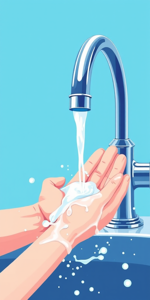 Create a vibrant illustration of a kitchen faucet with hands applying soap under a stream of water, bright blue background, use a high-resolution digital camera, ISO 100, aperture f/4, shutter speed 1/250s, macro lens for detailed close-up, soft lighting for clean aesthetic.