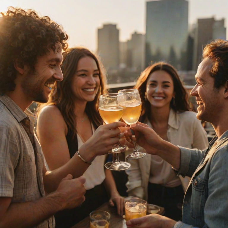 Blurry candid shot of a group of friends laughing and toasting drinks at a rooftop bar, soft golden light from the setting sun casting long shadows, with a vibrant city skyline barely visible in the background.