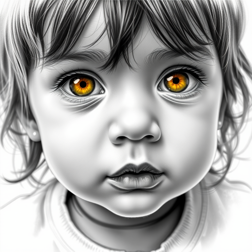A hyperdetailed photorealistic black and white sketch of a beautiful toddler with deep Yellow eyes, with a macro focus