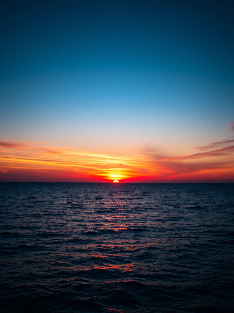 Create a high-resolution image of a serene sunset over a calm ocean with vibrant colors reflecting on the water using a DSLR camera, settings: f/11, 1/125s, ISO 100, focal length 24mm, wide-angle view, shot in landscape orientation.