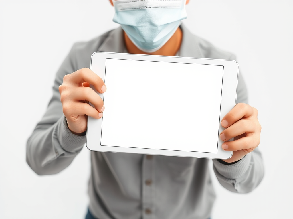 A person wearing a mask holding a blank white tablet with a white background, captured with a DSLR camera, aperture f/2.8, shutter speed 1/125s, ISO 100, top-down view, high dynamic range.