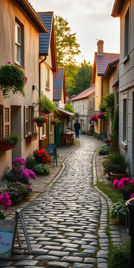 regenerate an idyllic village street scene with cobblestone pathway lined with charming cottages adorned with vibrant flowers, captured during golden hour using a DSLR camera, 35mm lens, aperture f/8, ISO 100, wide-angle view, soft focus background for enhanced depth of field