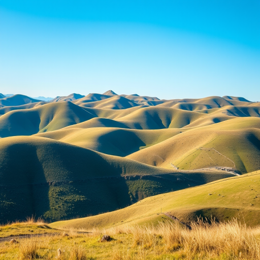 Generate a high-resolution image of a serene landscape featuring rolling hills and a clear blue sky, captured with a Canon EOS R5, f/4 aperture, shutter speed 1/125s, ISO 100, wide-angle lens, and a landscape view to enhance depth and color vibrancy.