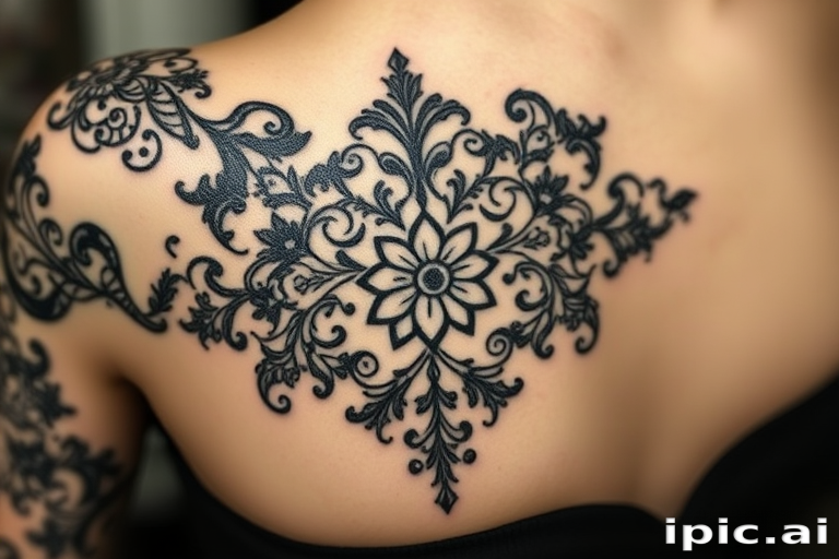 Blackwork ornamental tattoo entitled "Gothic Lace" featuring intricate patterns inspired by Victorian-era lace and filigree work, with delicate swirls and floral motifs creating a stunning contrast against the skin, ideal for those who appreciate the elegance and sophistication of vintage-inspired designs.