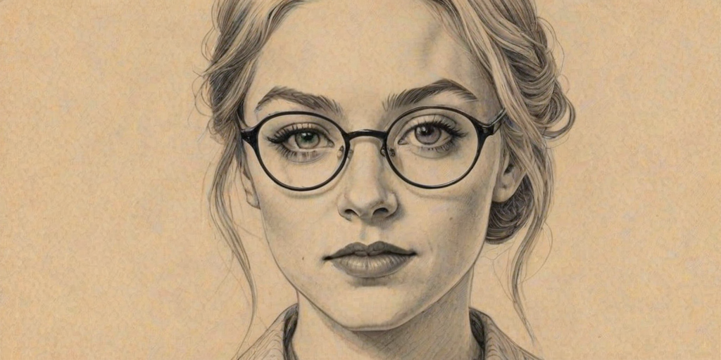 Fascinating Emily Kinney, pencil sketch, portrait of Fetching woman 1921s in glasses, hair style beatnik, outline, clear lines, fine lines, 8k