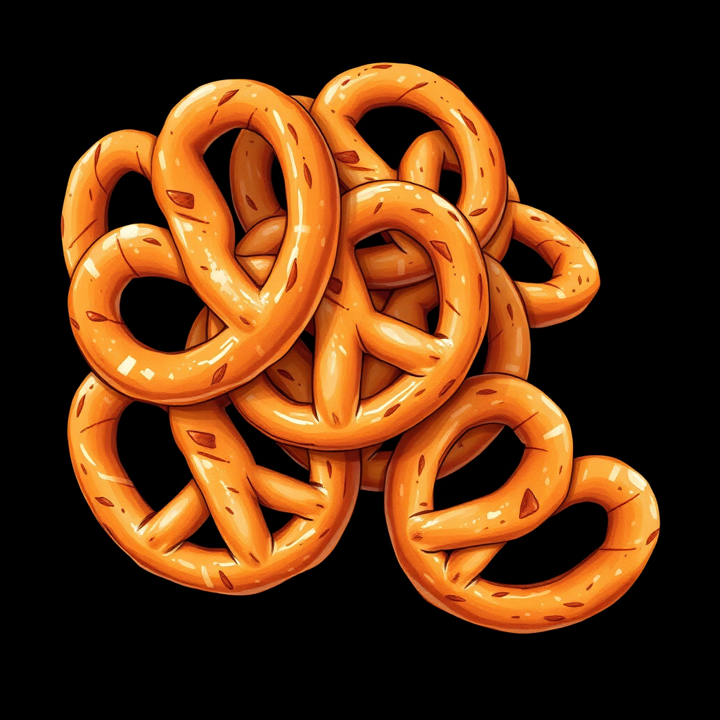 Create an illustration of several pretzels stacked together on a black background, using a digital drawing style with a high-resolution setting of 300 dpi, capture the scene from a top-down view with a vibrant color palette to enhance the details and textures of the pretzels.