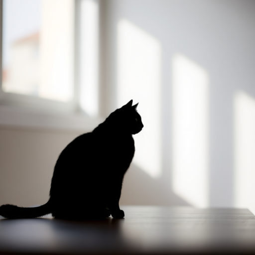 Create an abstract black silhouette of a cat in a minimalist style, captured with a DSLR camera at f/2.8 aperture, 50mm lens, in natural light from a side window, using a shallow depth of field for a soft background blur.