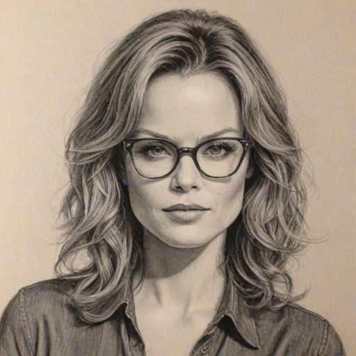 Exquisite Dina Meyer, pencil sketch, portrait of Pleasing woman 1968s in glasses, hair style beatnik, outline, clear lines, fine lines, 8k