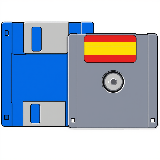 Create a high-resolution digital illustration of a blue floppy disk alongside a gray floppy disk with red and yellow labels, use a soft focus lens, set aperture to f/2.8, ISO 100, and shutter speed of 1/60s.