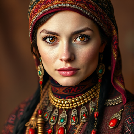 Create a portrait of a beautiful Sami woman with striking red eyes and a gentle expression. She is adorned in traditional attire with intricate patterns, including a richly embroidered headscarf and matching garments. Her jewelry includes a delicate headpiece, dangling earrings, and ornate bracelets, all featuring vibrant gemstones and detailed metalwork. The background is soft and warm, enhancing the rich colors of her outfit and jewelry.