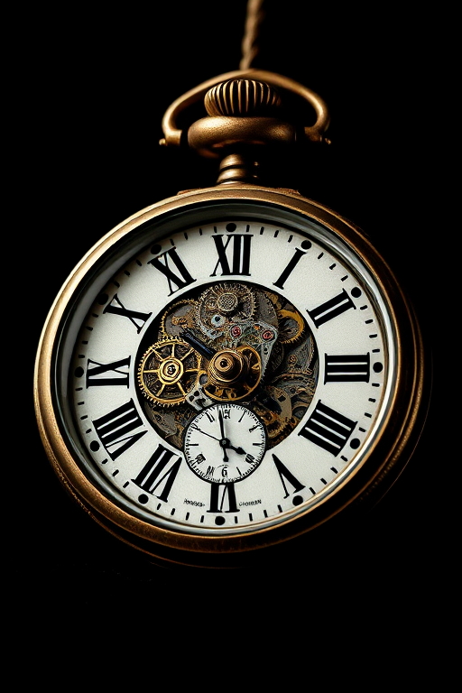 Create a detailed illustration of a vintage pocket watch with Roman numerals on a black background, using a Canon EOS 5D Mark IV, 50mm f/1.8 lens, ISO 100, aperture f/2.8, at a low angle for dramatic effect, with a focus on intricate clockwork and textures for high-quality detail.