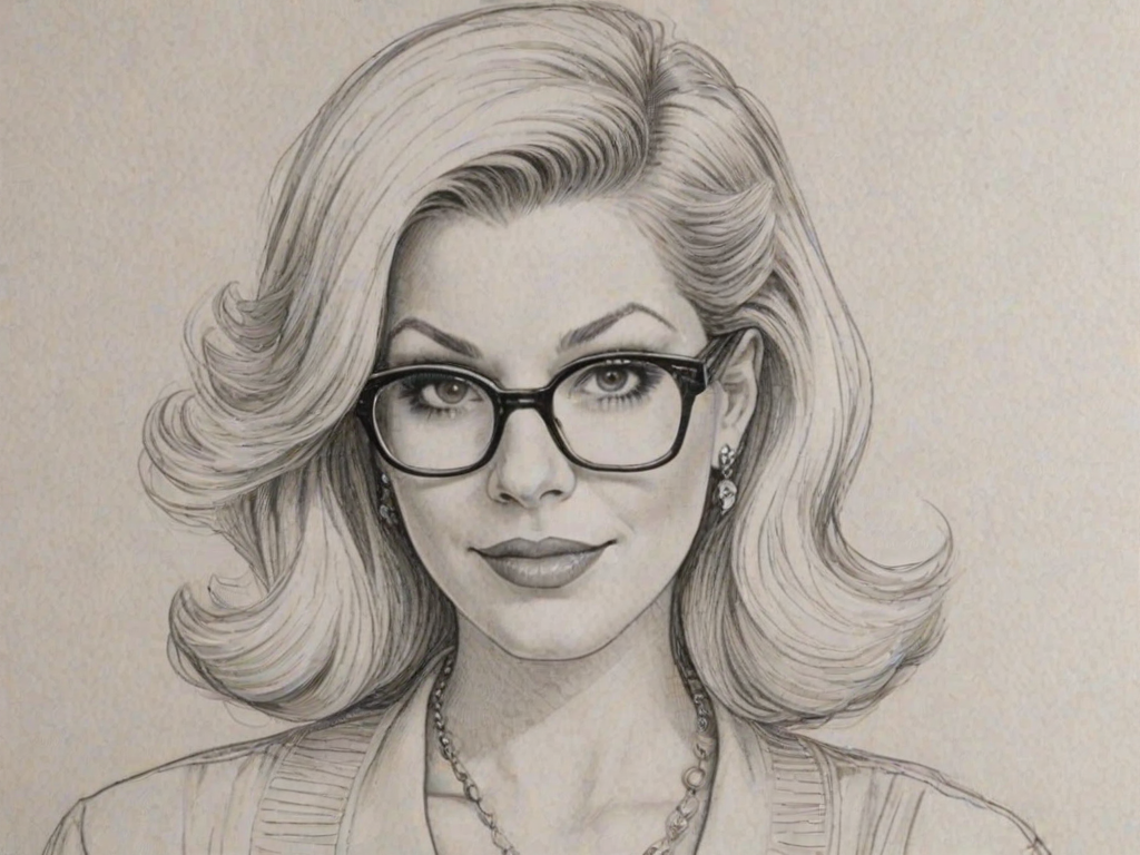 Appealing Tori Spelling, pencil sketch, portrait of Enchanting woman 1939s in glasses, hair style beatnik, outline, clear lines, fine lines, 8k