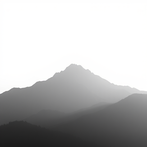Generate a high-resolution minimalist black and white design featuring a silhouette of a mountain range against a gradient background with soft lighting, using a DSLR camera with a 50mm lens at f/1.8, ISO 100, and a view from eye level.