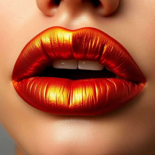 Molten bronze lips with dimensional metallic finish, sculpted and defined shape, warm and rich tones, luxurious Liquid Amber Luxe design