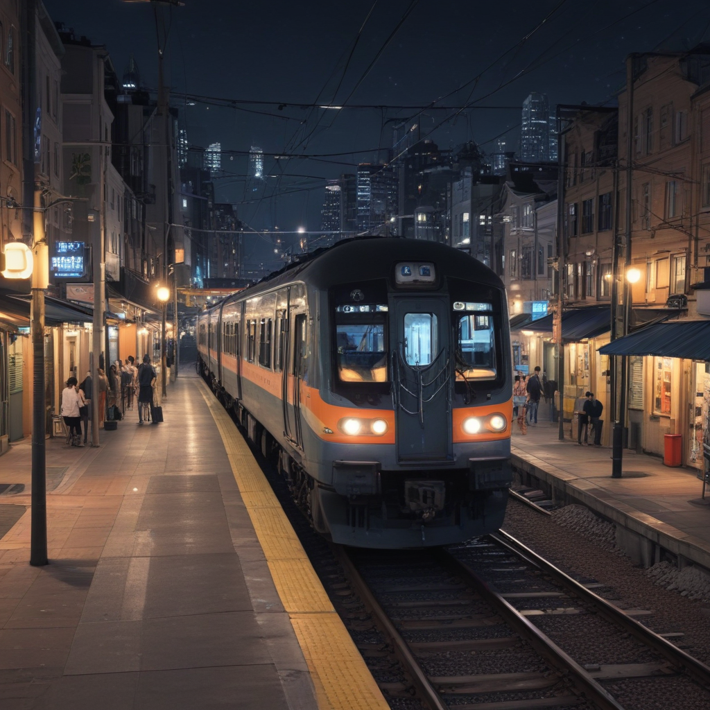 Train at night in the city in anime style
