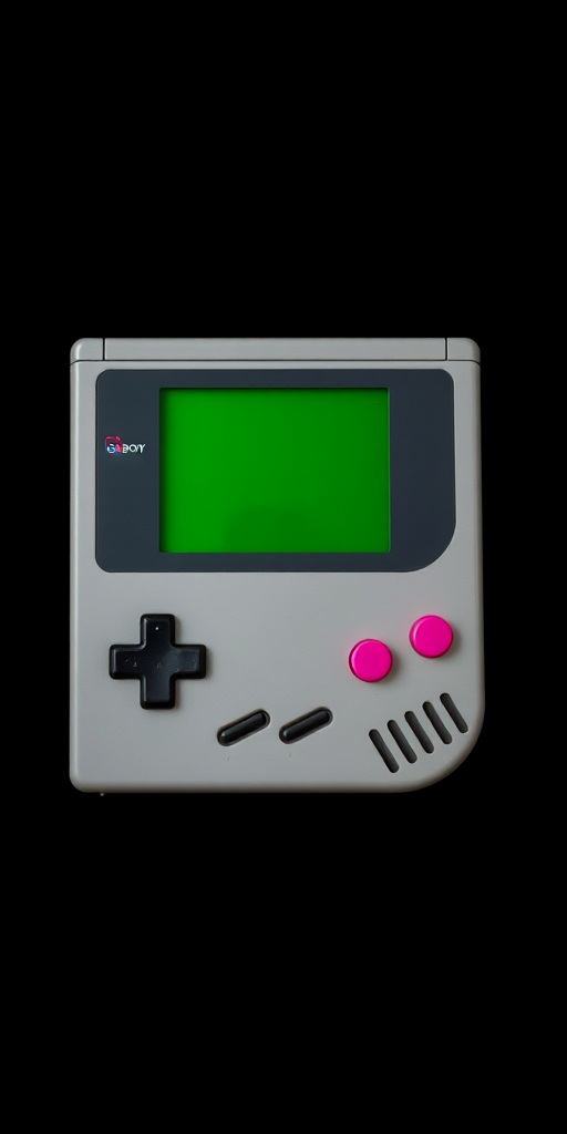Create a high-resolution image of a vintage handheld gaming console similar to a Game Boy, featuring a green screen, a gray body, bold black buttons, and pink accents, using a professional DSLR camera, ISO 100, f/2.8 aperture, and a 50mm lens, captured from a slightly elevated angle with a soft focus on a solid black background.