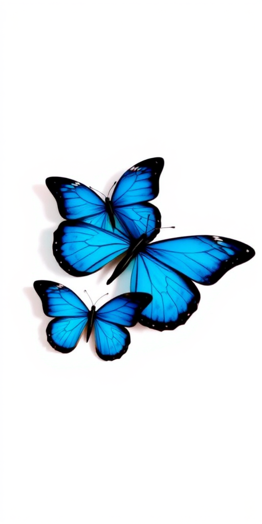 Generate an image of four blue butterflies with black outlines against a simple white background. The butterflies should be positioned in a scattered arrangement, showcasing their wings spread open.