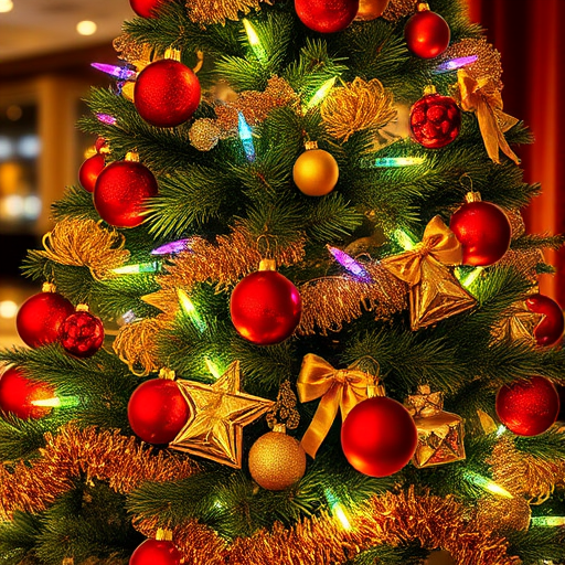 Create a vibrant and festive image of a Christmas tree decorated with colorful lights and a variety of ornaments. The tree should be lush and green, adorned with red baubles, golden accents, and shimmering tinsel. The background should have a warm glow, enhancing the cheerful holiday atmosphere.