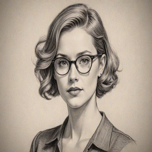 Resplendent Allison Miller, pencil sketch, portrait of Superb woman 1939s in glasses, hair style beatnik, outline, clear lines, fine lines, 8k