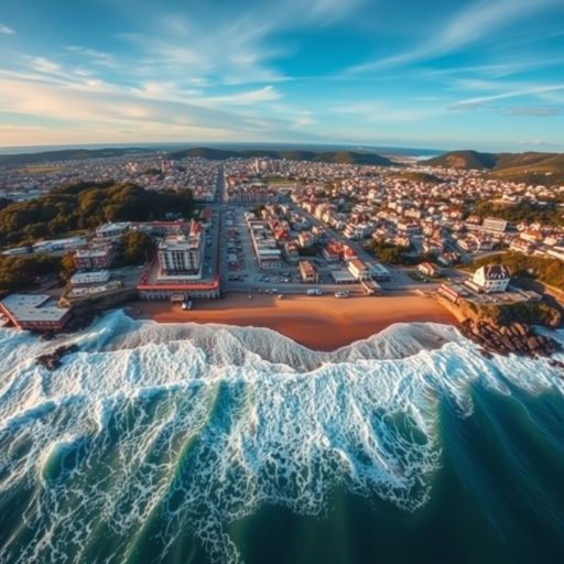 Aerial view of a coastal town with waves crashing on the shore, vibrant colors, captured using a drone camera, aperture f/8, ISO 100, shutter speed 1/200s, wide-angle lens.
