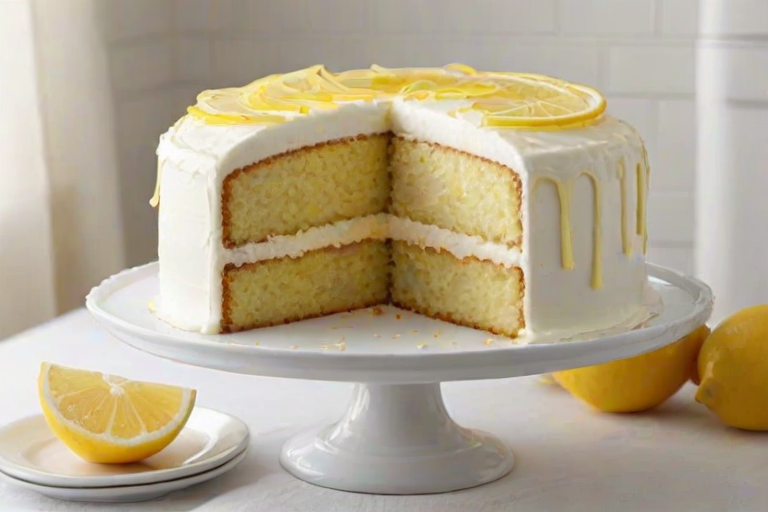 Create an image of a three-layer lemon cake with a smooth white frosting. The cake should have a slice cut out to show the moist layers inside. Decorate the top with lemon zest and a few lemon slices. Include a simple white background and some fresh lemons beside the cake for an appealing presentation.