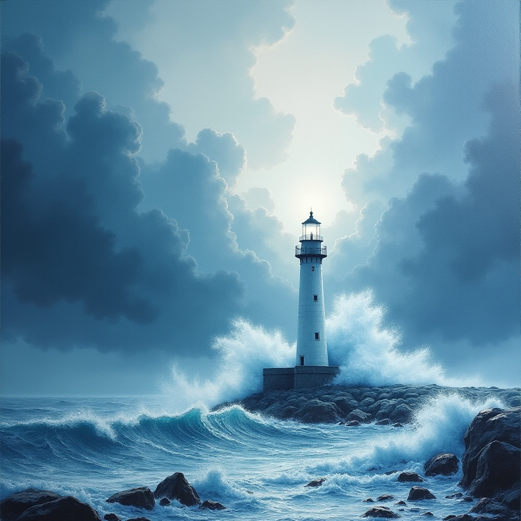 A highly stylized white oil painting with texture of paint that adds depth and movement to the dramatic setting, with primary palette colours of White, light gray-white and Aqua. a lighthouse shining in the stormy night, with tall crashing foamy waves & sea mist around it. captured with dramatic brushstrokes, dramatic white brushstrokes to create depthand dimension with dramatic, cinematic effect. White light effects with moody storm clouds.