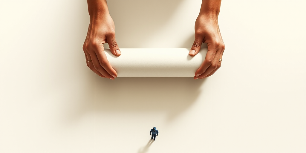 Create a minimalist illustration of a large pair of hands rolling out a flat object, with a small figure underneath, using a Canon EOS 5D Mark IV, 50mm lens, f/2.8 aperture, ISO 100, with a top-down perspective and soft lighting for enhanced detail and contrast.