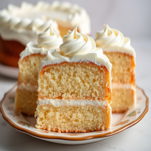 A close-up view of three slices of white cake with fluffy whipped cream frosting arranged on a decorative plate with a light background and soft focus on additional cake slices in the background. The cake has a rich texture and is beautifully presented with swirls of frosting on top.