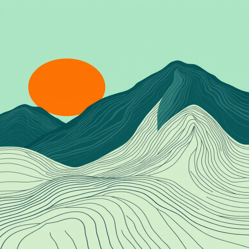 Create a digital illustration of abstract mountains with flowing lines, featuring a large orange sun on a mint green sky background, using a Canon EOS R5 camera with a 50mm f/1.2 lens, aperture set to f/8, ISO 100, and a soft natural light style to enhance image quality.