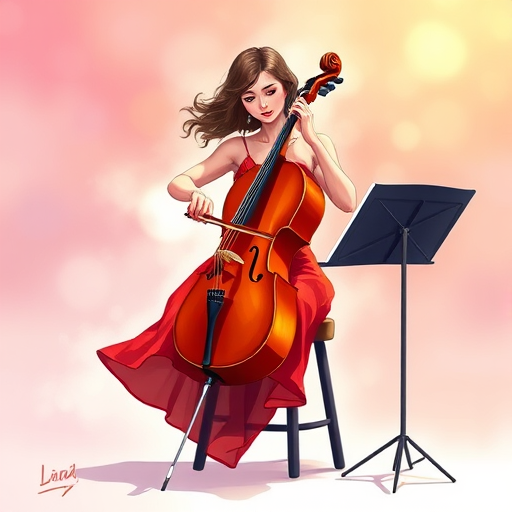 Create a vibrant digital illustration of a woman playing a cello, seated on a stool, wearing a flowing red dress, with a music stand beside her, high-resolution, shot with a digital camera at f/2.8 aperture, 50mm lens, natural lighting, and a soft focus background to enhance the subject.