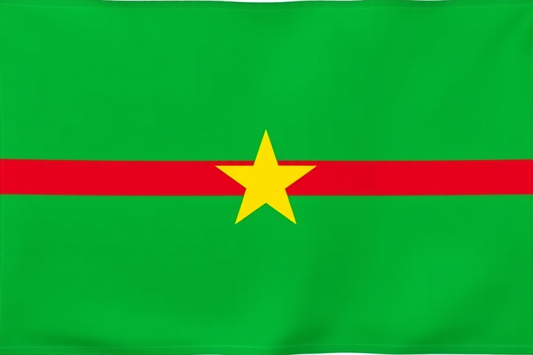 Create an image of the flag of Burkina Faso featuring horizontal red, green stripes with a central yellow star, captured with a DSLR camera at f/8 aperture, 1/125 shutter speed, 50mm focal length, in vibrant color mode and frontal view for enhanced clarity.