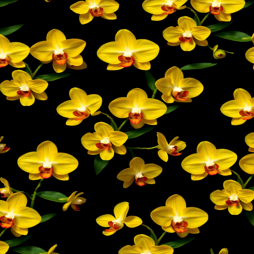 Create an image of a repeating pattern featuring vibrant yellow orchids intertwined with green leaves on a solid black background, shot with a Canon EOS R5 at f/8, ISO 100, 50mm lens in macro mode for enhanced clarity and detail.